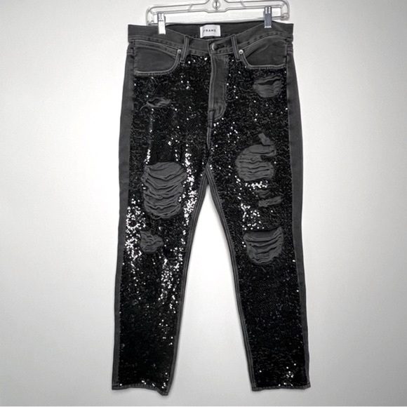 FRAME Gray Denim Sequin Basque Rip Distressed High Rise Button Fly Crop Jeans 27 - Picture 5 of 16